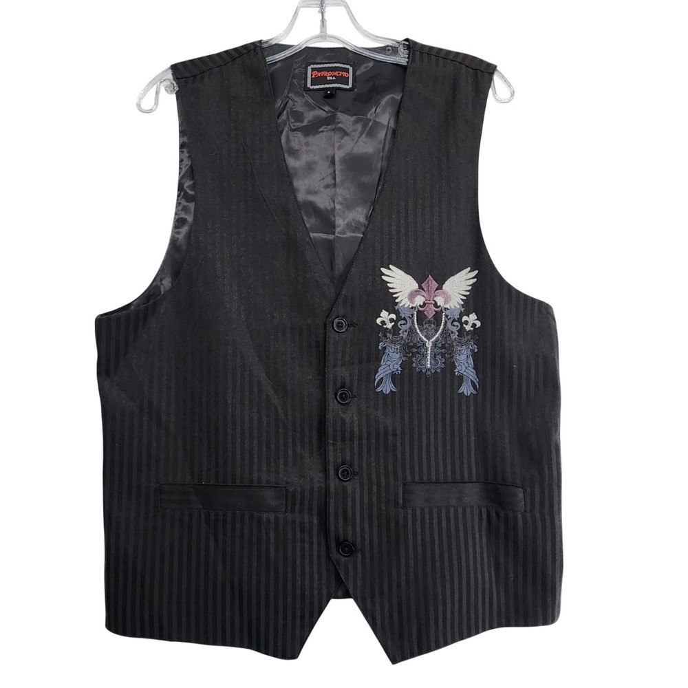 Patroncito Large Black Pinstripe Winged Fleur De Lis Graphic Biker Goth Vest L